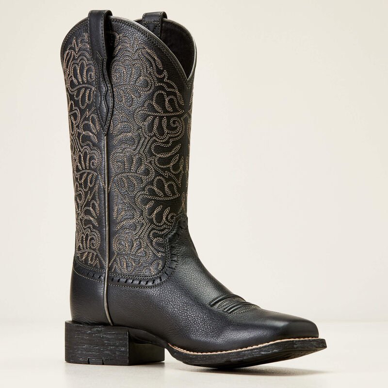 Ariat Round Up Remuda Wide Square Toe Womens Western Boot - Black Deertan