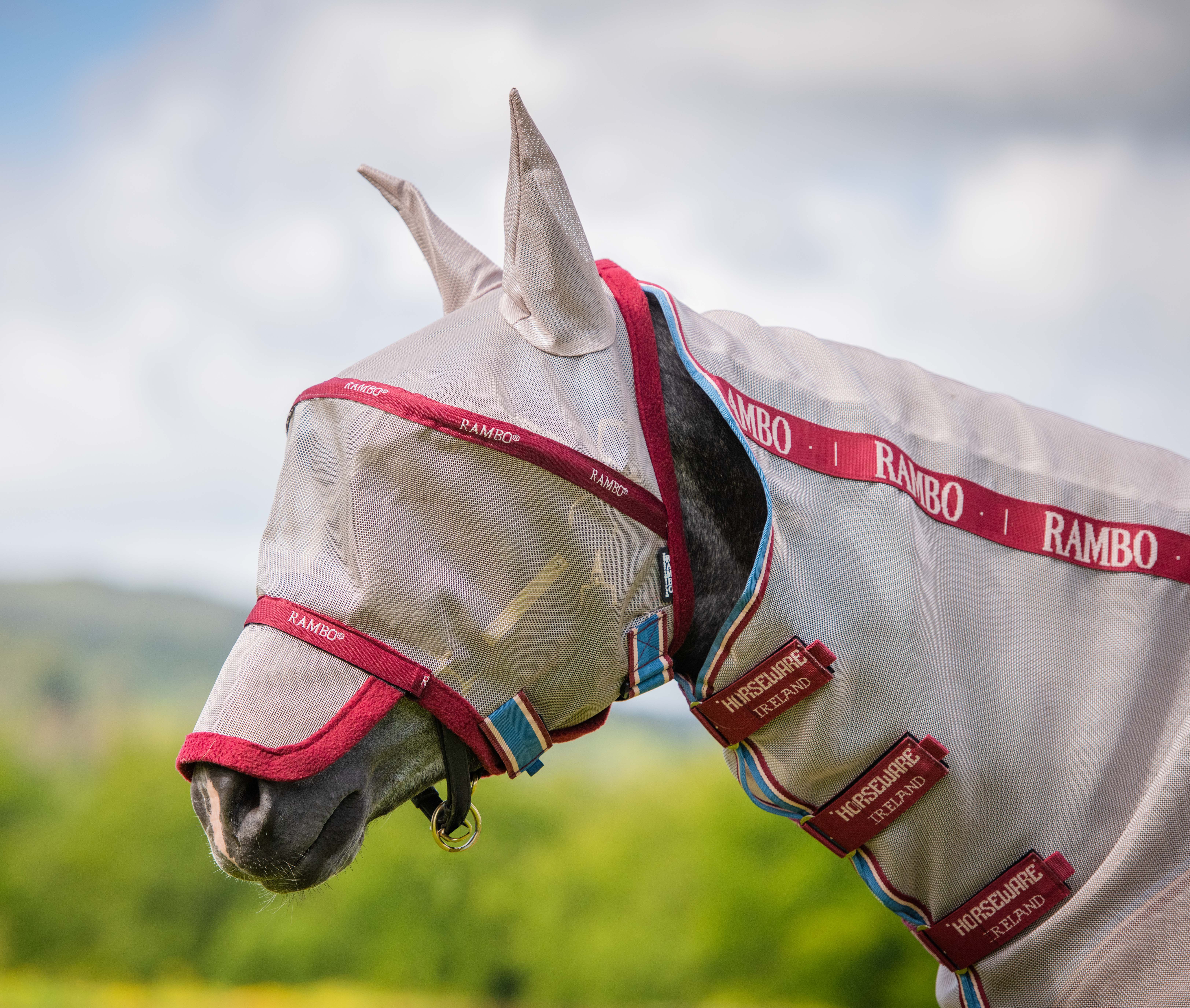 Rambo Flymask Plus Oatmeal/Cherry, Peach & Blue