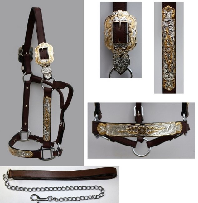 Premium Show Halter - GOLD / SILBER - Stones - med Træktov mørk